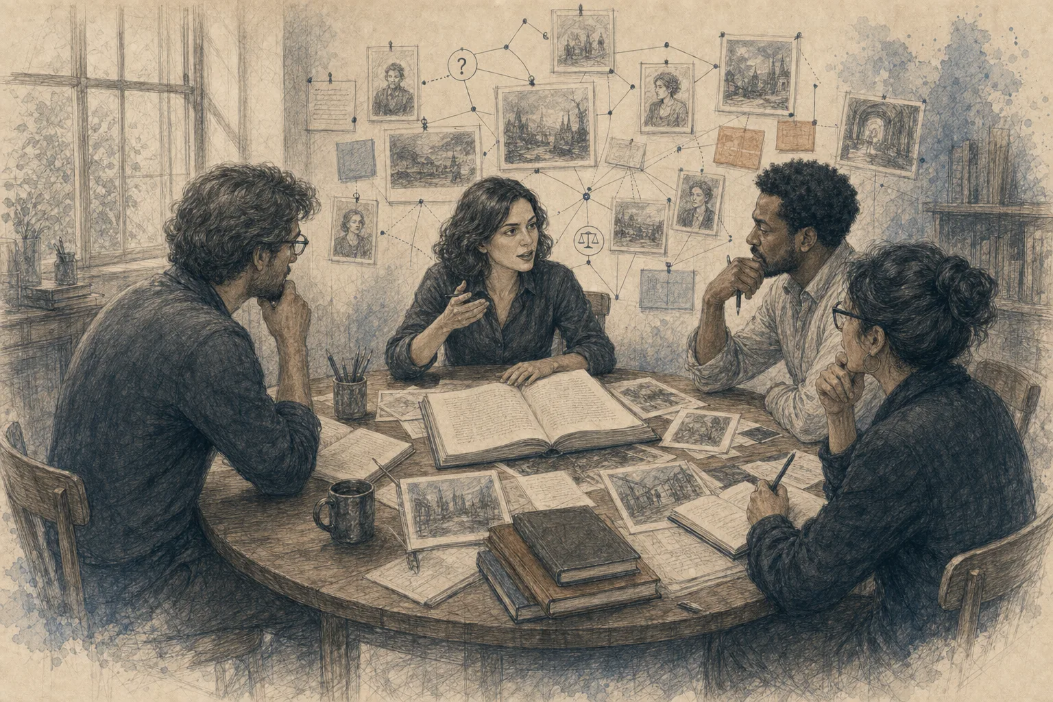An author discussing an open manuscript with three editorial readers around a studio table.