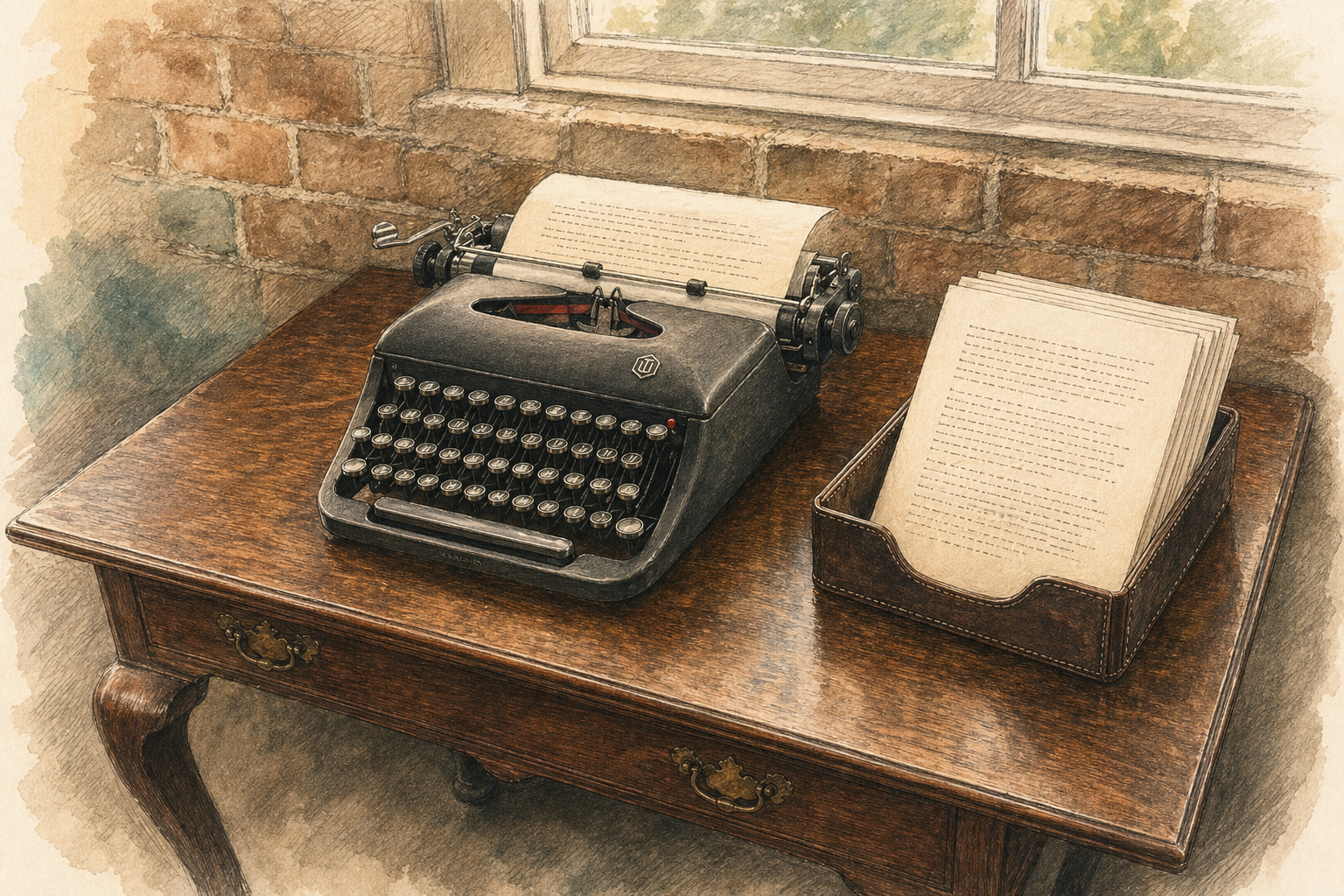 Pencil-style illustration of a writing desk with a manual typewriter and manuscript pages