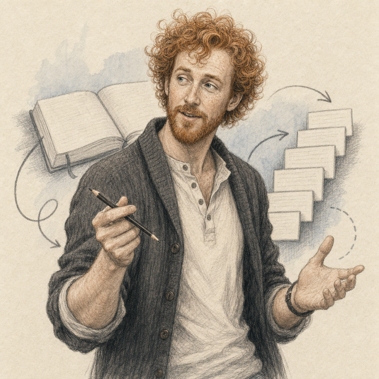 Portrait of the Writing Coach at a desk with lesson notes and manuscript pages.